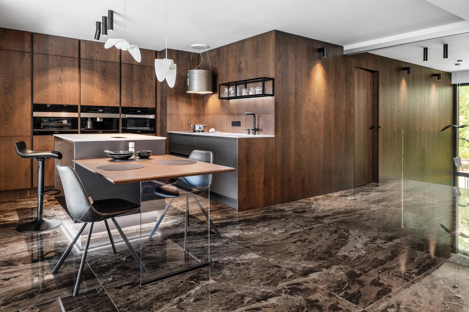 Hanák furniture Realization Unique interior Modern kitchen Rustic dark veneer