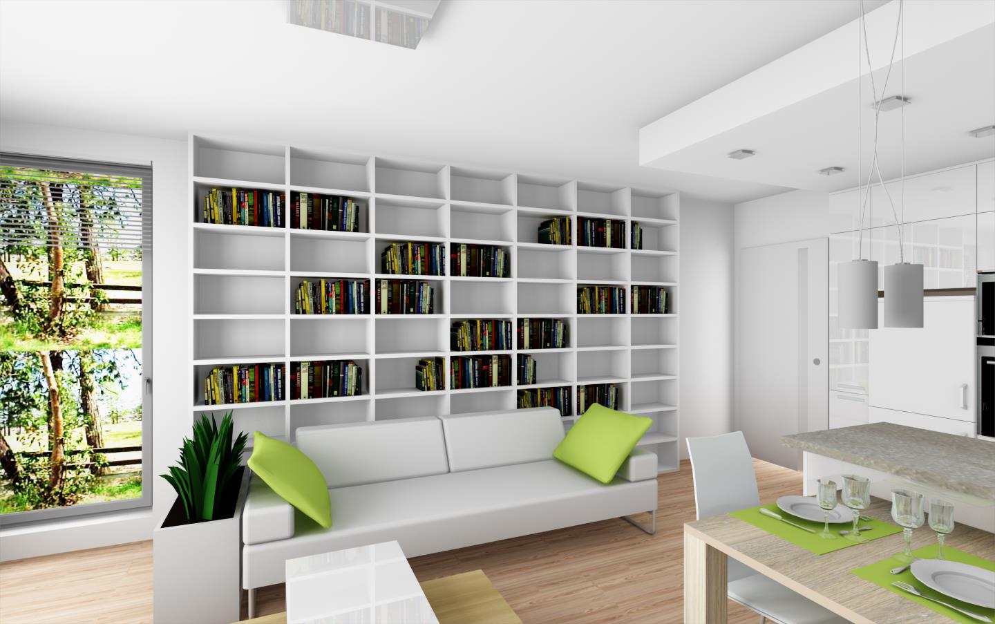 Návrh architekta. Kuchyně, obývací pokoje a pracovna v elegantní bílé.